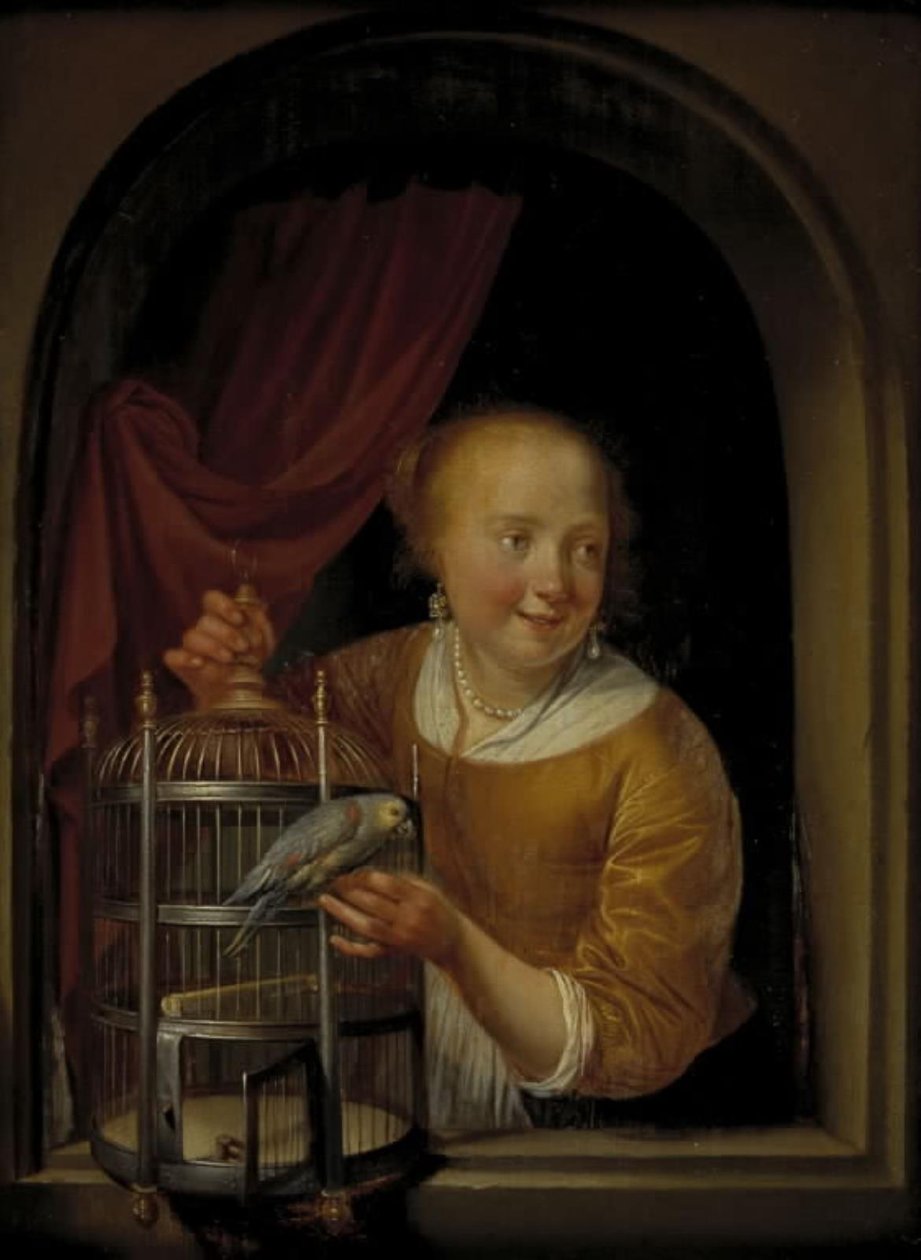 Flicka med en papegoja av Pieter Cornelisz. van Slingelandt