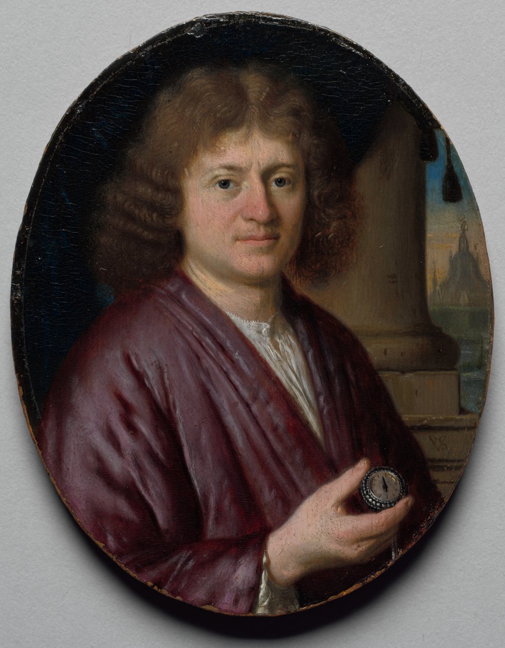 Porträtt av en man som håller en klocka av Pieter Cornelisz van Slingelandt