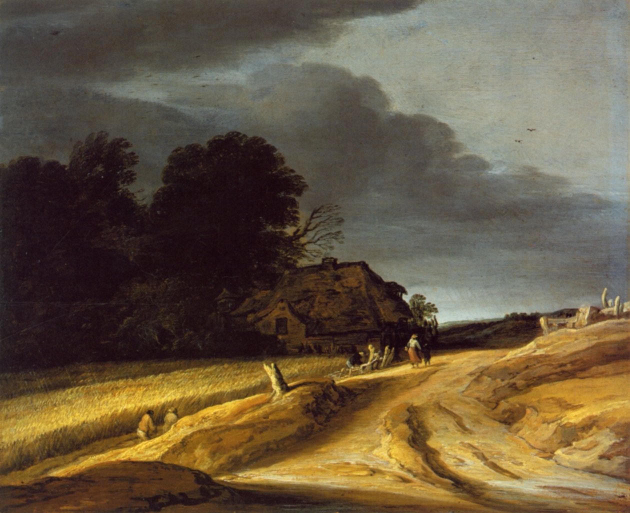 Landskap med en grusväg och en bondgård av Pieter Dircksz Santvoort