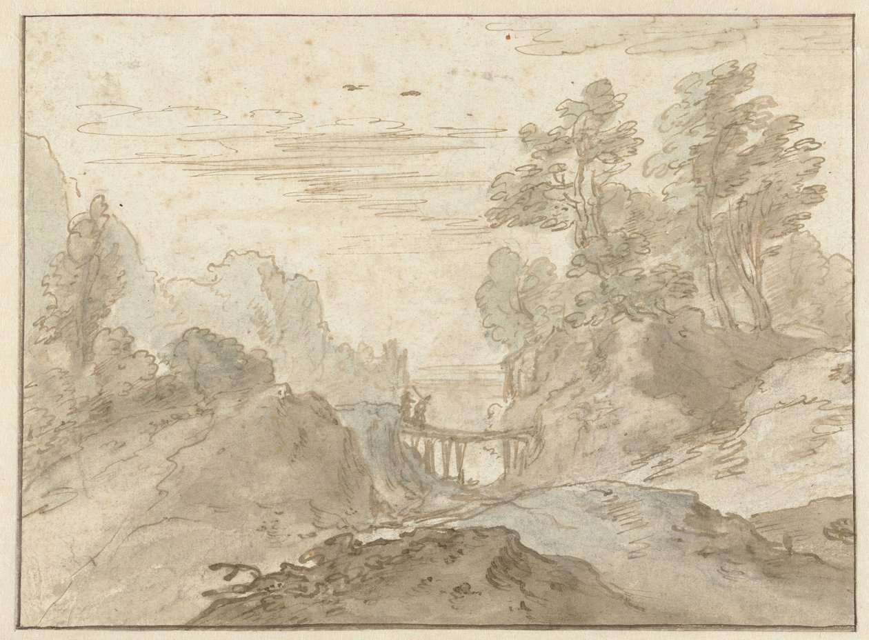 Bergslandskap med två figurer på en smal bro av Pieter Dircksz van Santvoort (possibly)