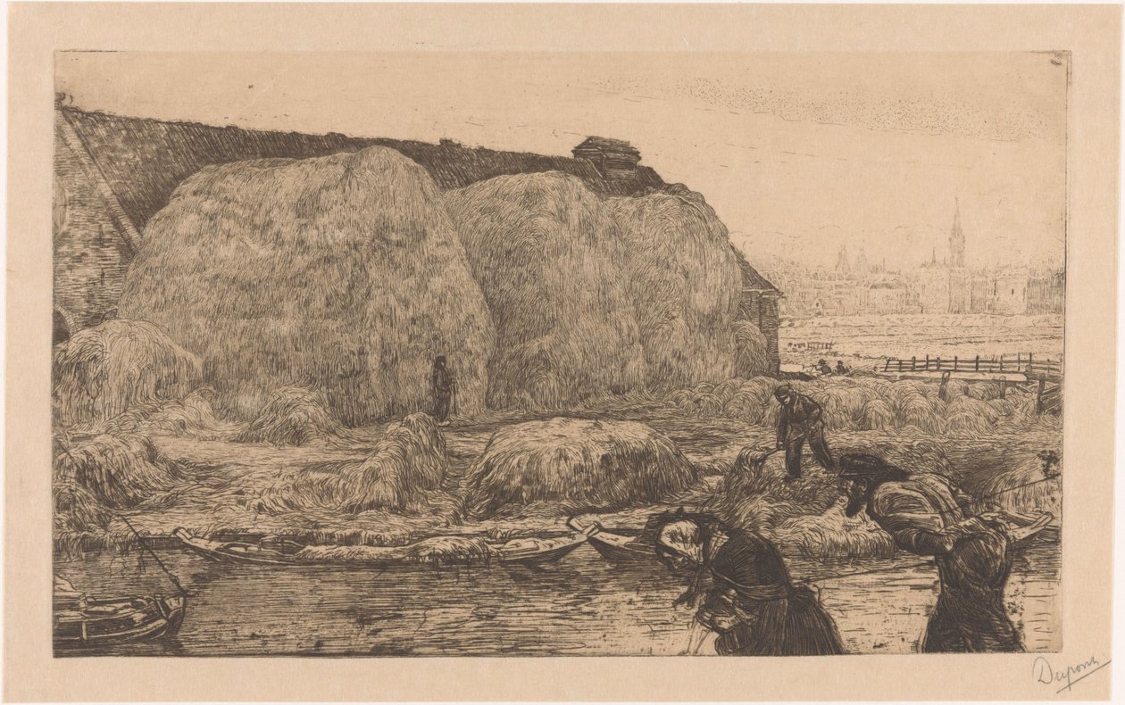 Gård med höskärvor på Jaagpad i Amsterdam av Pieter Dupont (signed by artist)