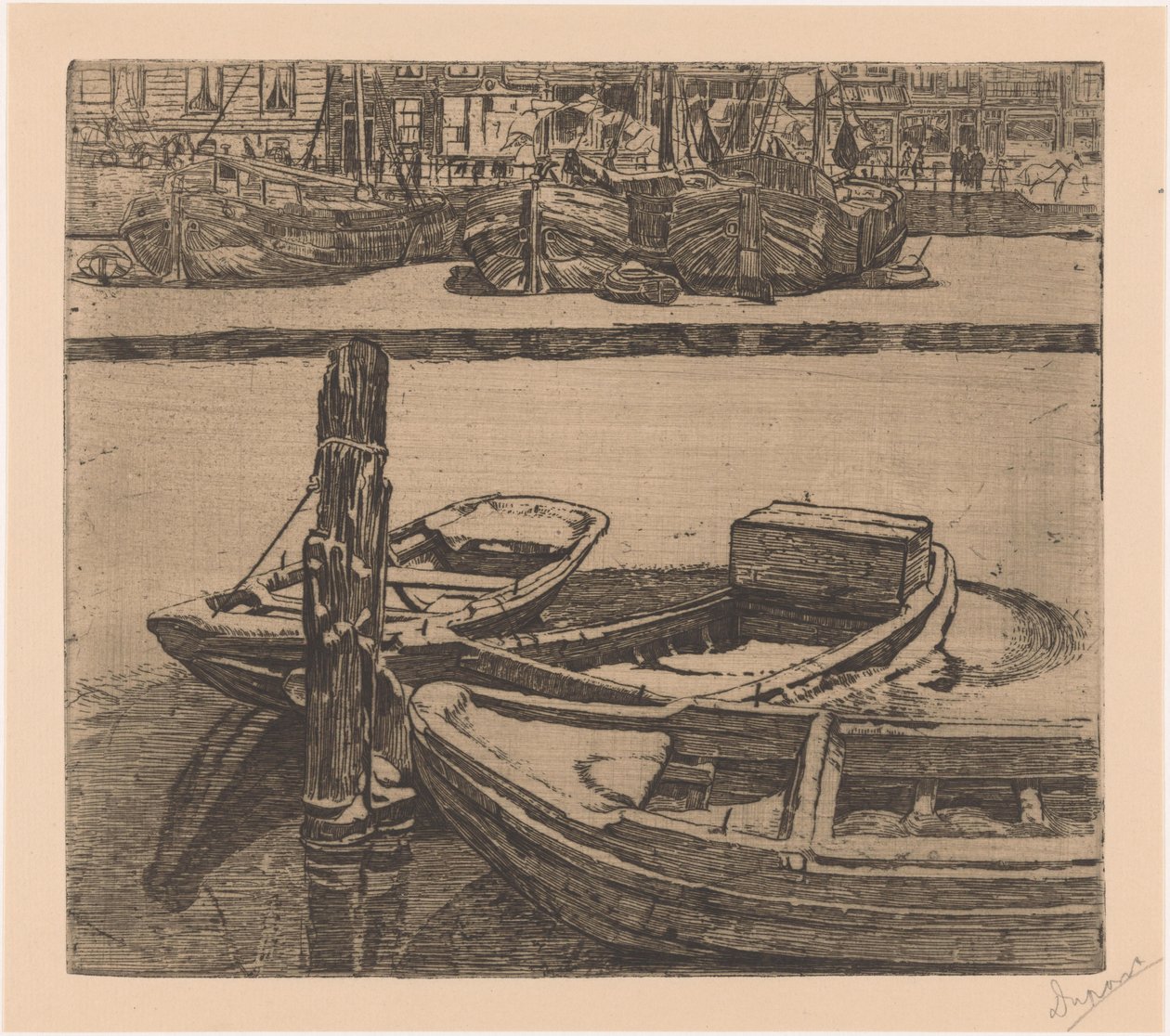 Fartyg i Damrak i Amsterdam av Pieter Dupont (signed by artist)