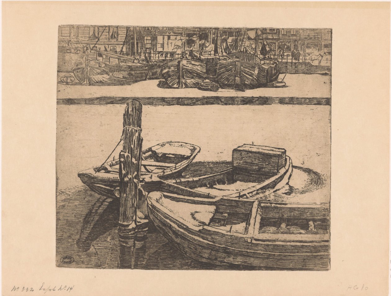 Fartyg i Damrak i Amsterdam av Pieter Dupont (signed by artist)