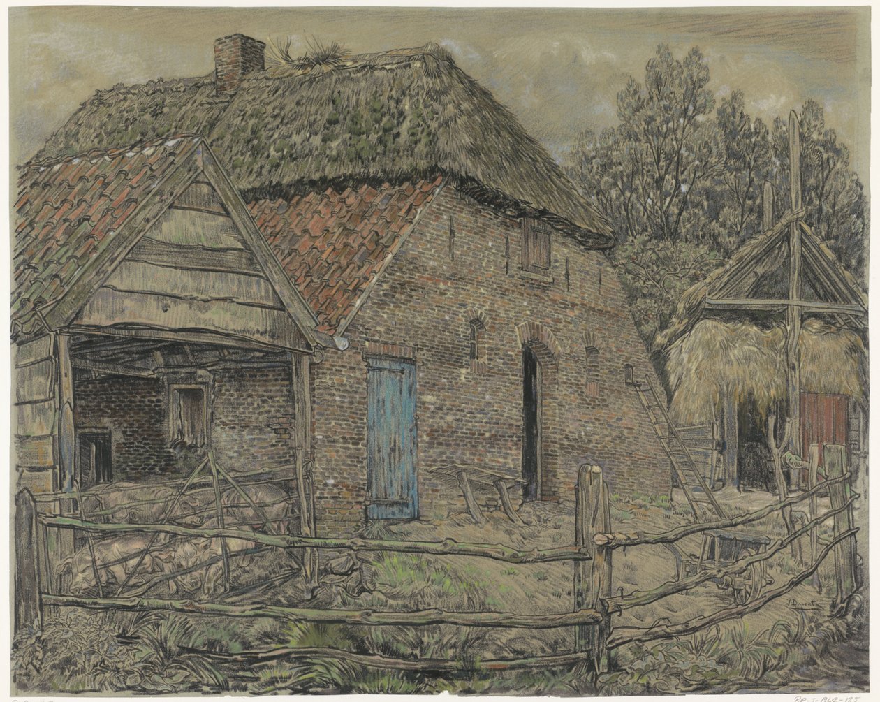 Stor ladugård, med en grisfack framför av Pieter Dupont