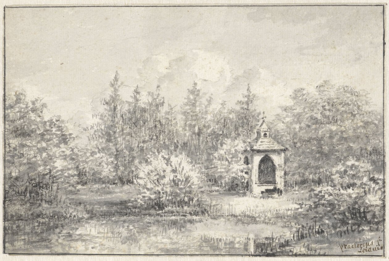 Utsikt i Leiduins park, med ett hus mellan träden av Pieter Ernst Hendrik Praetorius