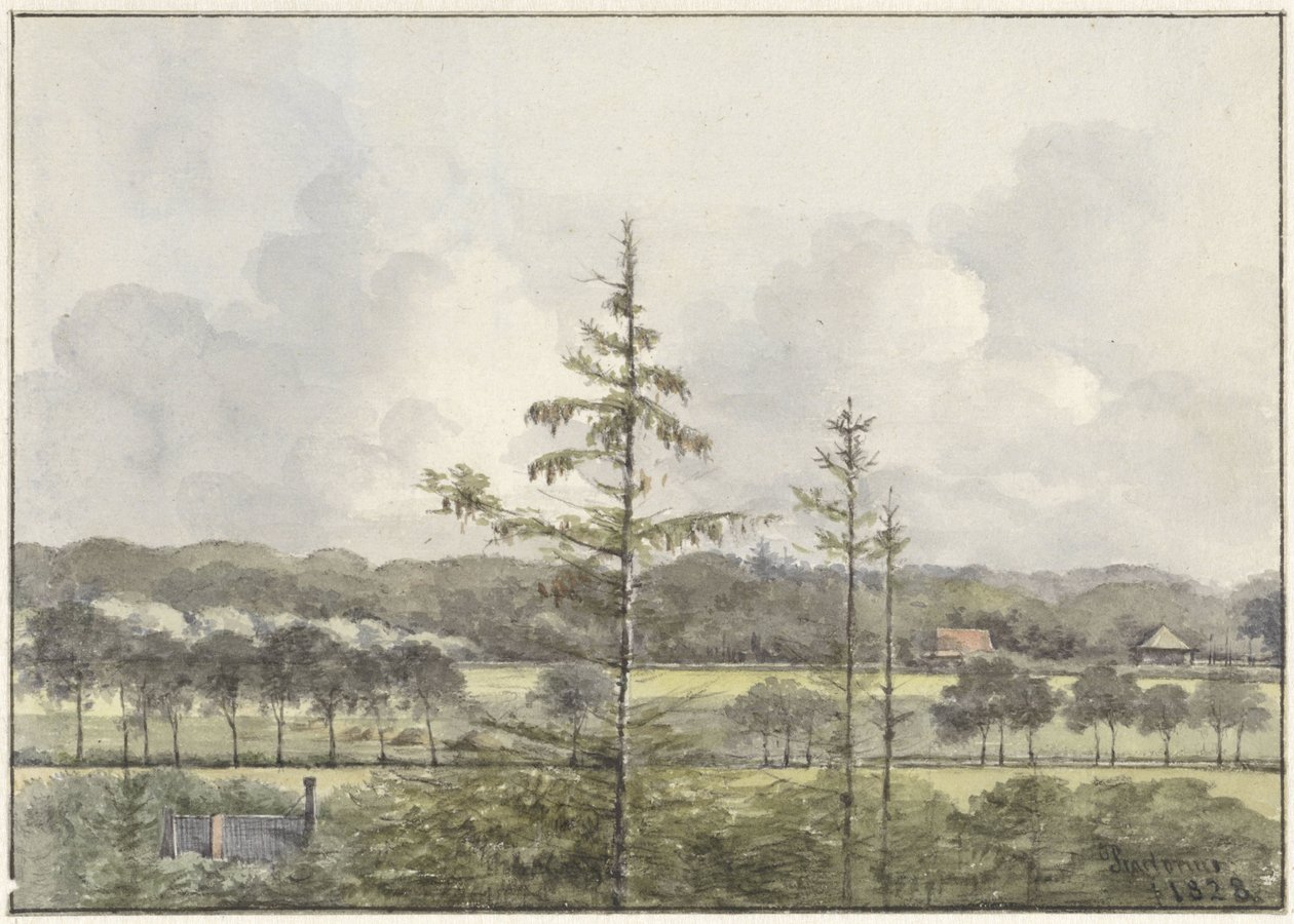 Utsikt över ängar med gårdar av Pieter Ernst Hendrik Praetorius