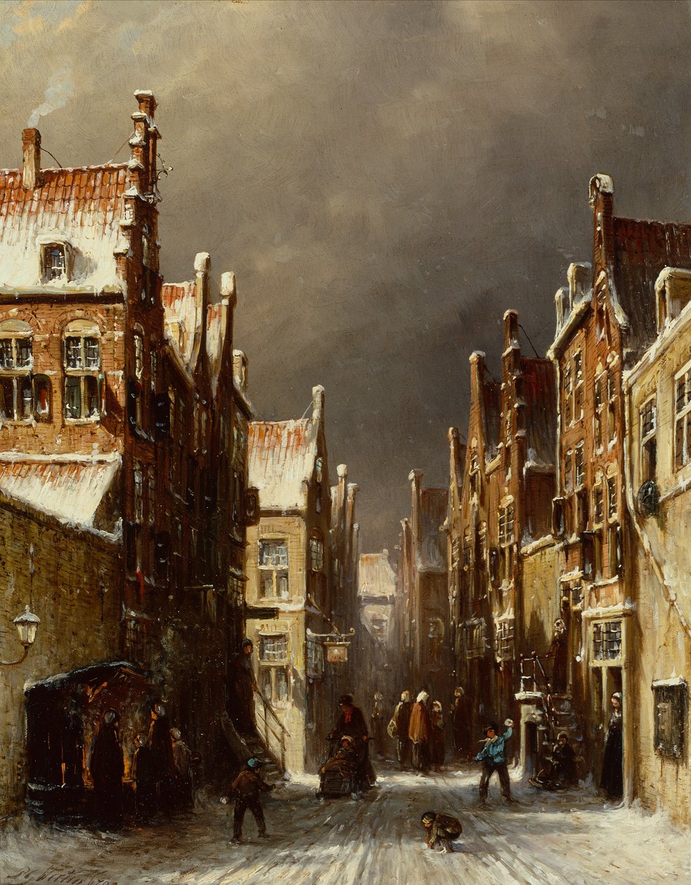 Vintergata med barn som kastar snöbollar av Pieter Gerard Vertin