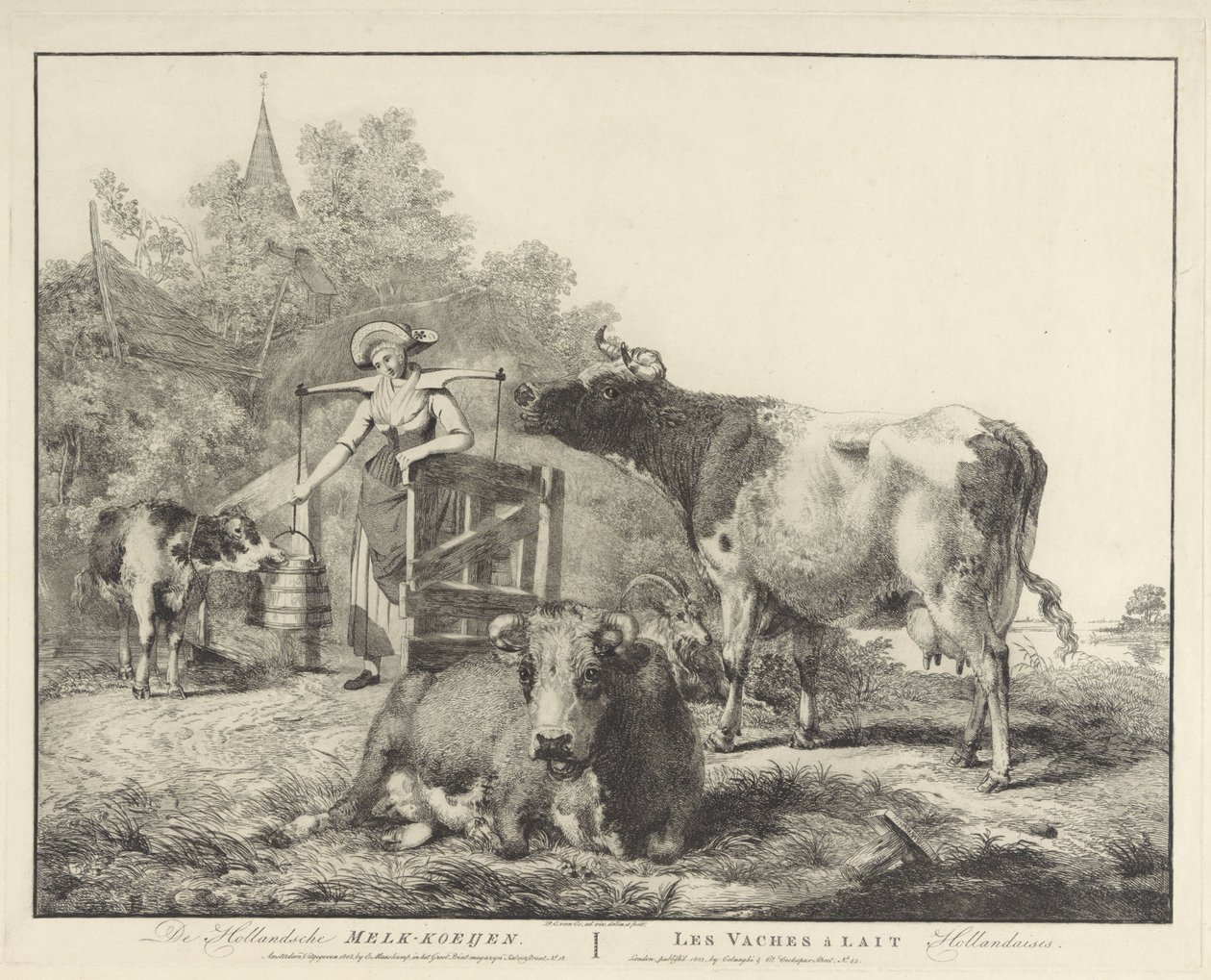 Kor och en mjölkpiga De Hollandsche Melk-koeijen/ Les vaches â lait hollandaises (titel på objekt) av Pieter Gerardus van Os