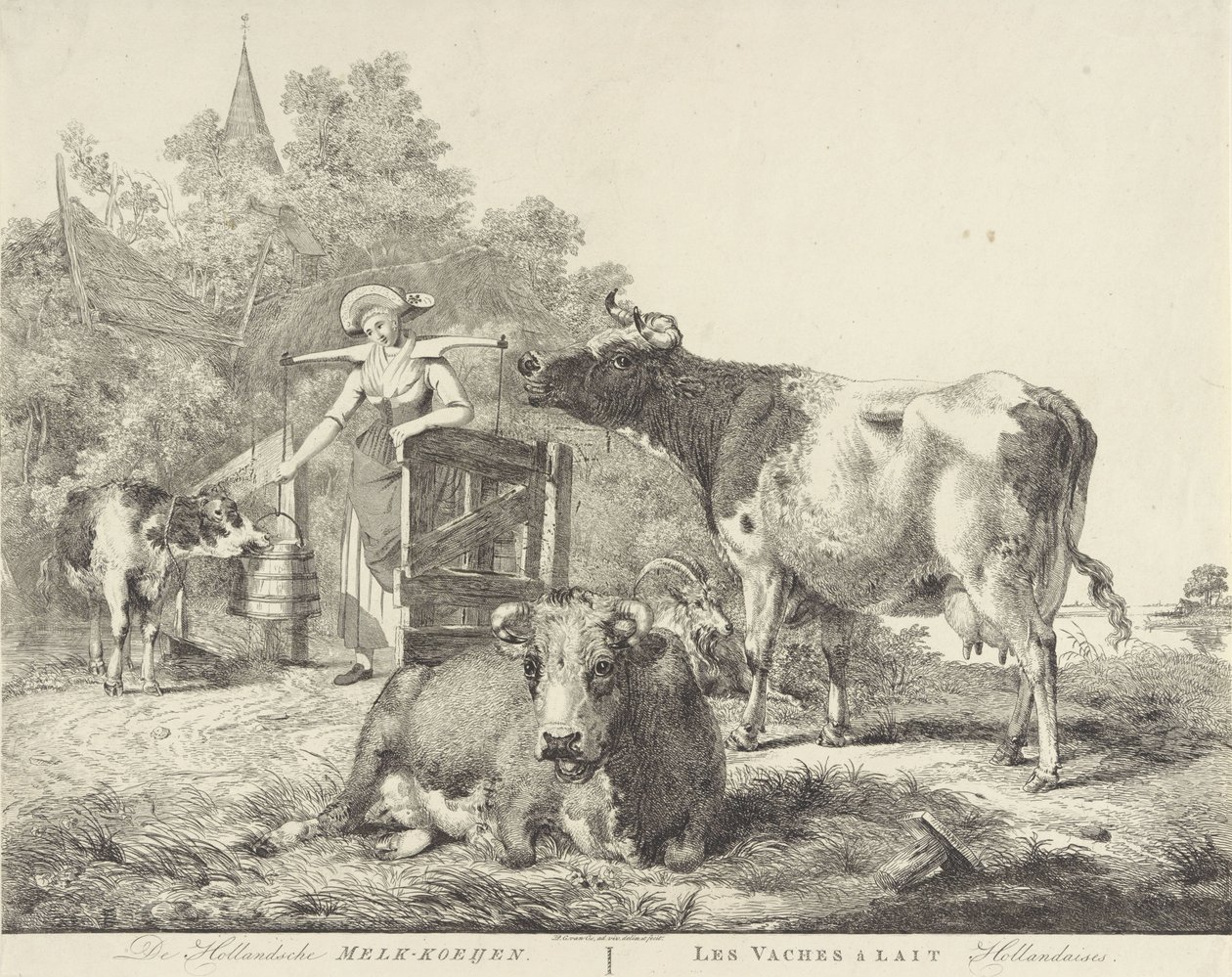 Kor och mjölkpiga De Hollandsche Melk-koeijen/ Les vaches â lait hollandaises (titel på objekt) av Pieter Gerardus van Os