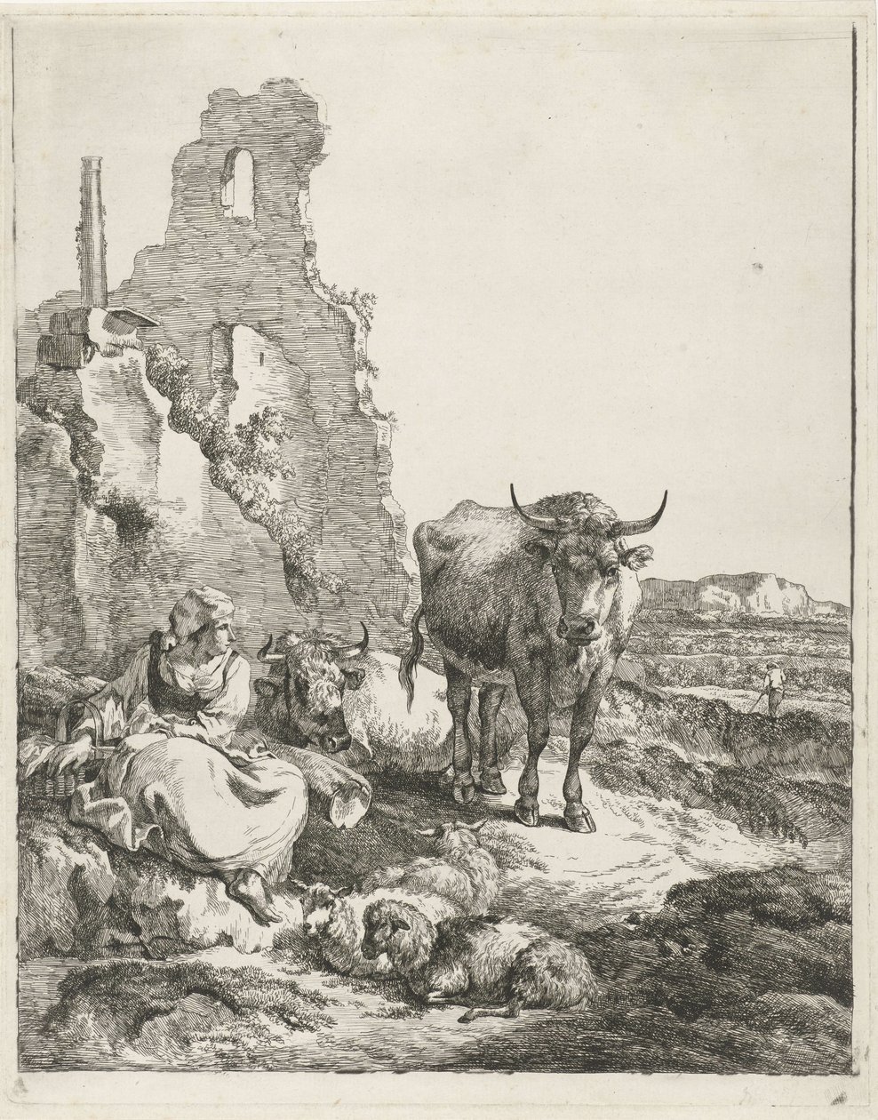 Landskap med stående och liggande ko och herdinna framför en ruin av Pieter Gerardus van Os
