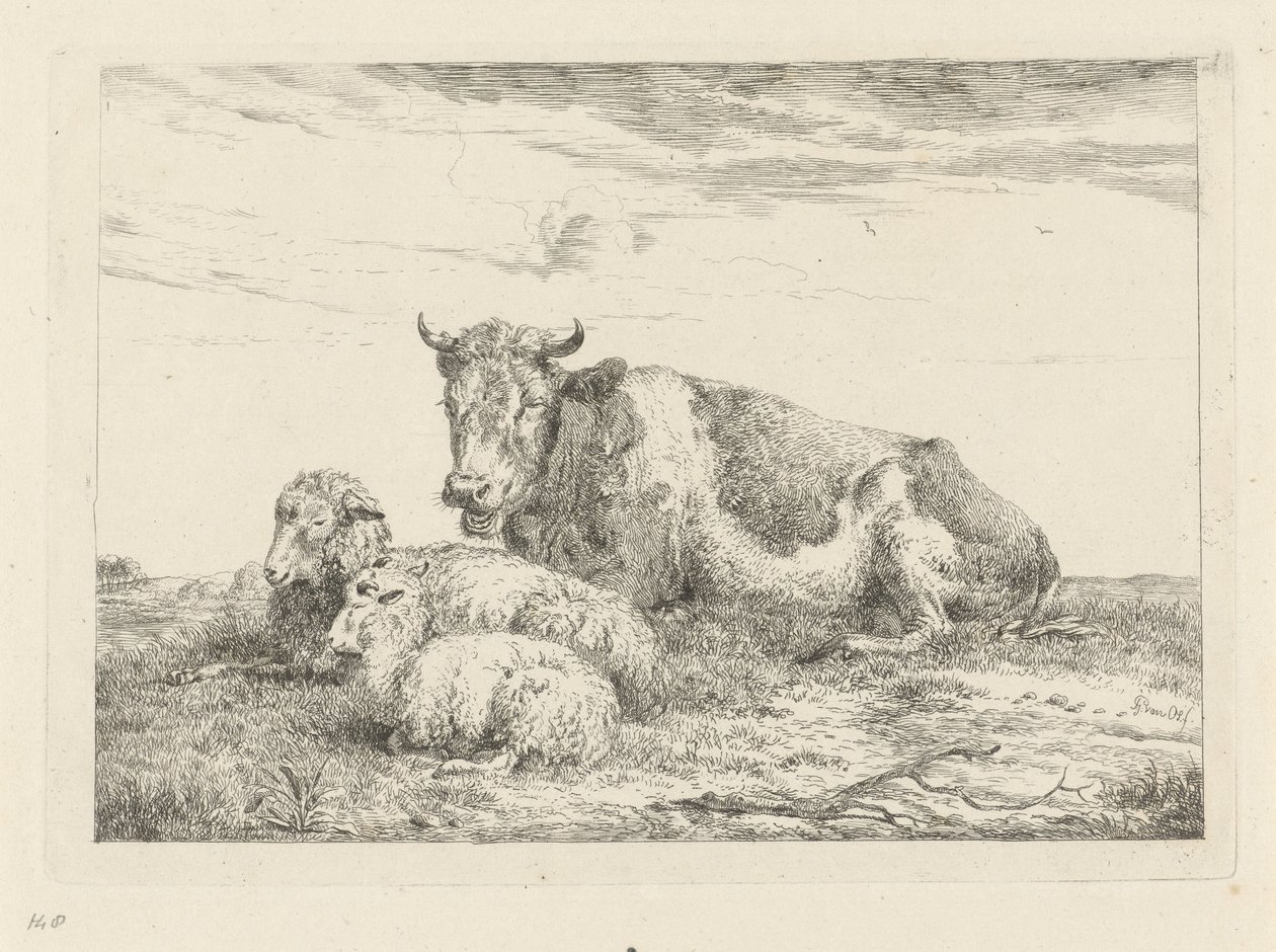 Sovande ko med får och lamm av Pieter Gerardus van Os