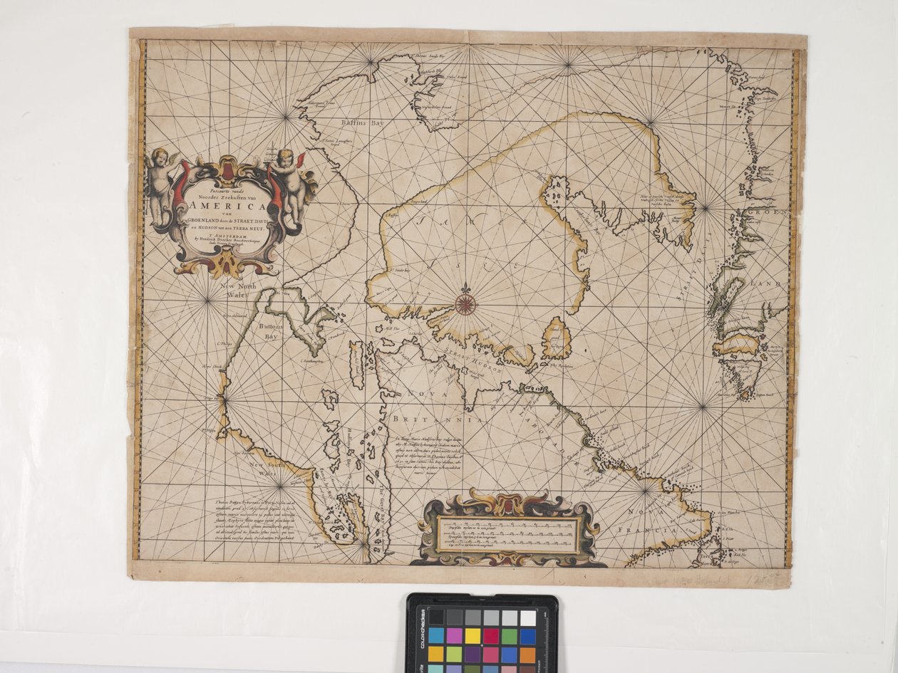 Ny karta över Amerikas nordöstligaste kust (gravyr med handfärgning på benvitt papper) av Pieter Goos
