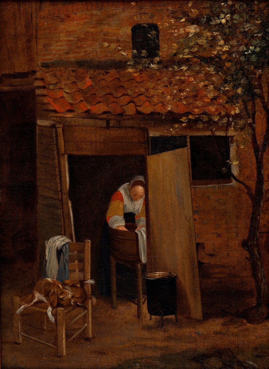Flicka som tvättar kläder. av Pieter Hooch de
