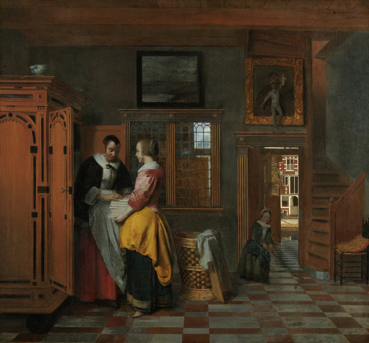 Interiör med kvinnor bredvid en linnekista, 1663 av Pieter Hooch de