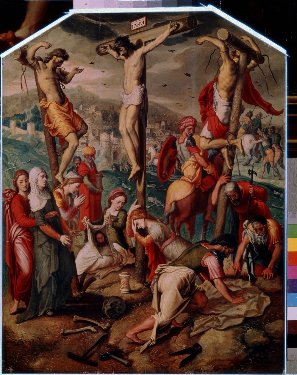 Golgata (Golgata). På Golgata korsfästas Jesus Kristus med de andra två dödsdömda. Han bär INRI-tecknet (I.N.R.I.) på korset. Vid foten sörjer Maria Magdalena Jesu död, hennes flaska välter på marken. Sankta Veronica av Pieter I Pietersz