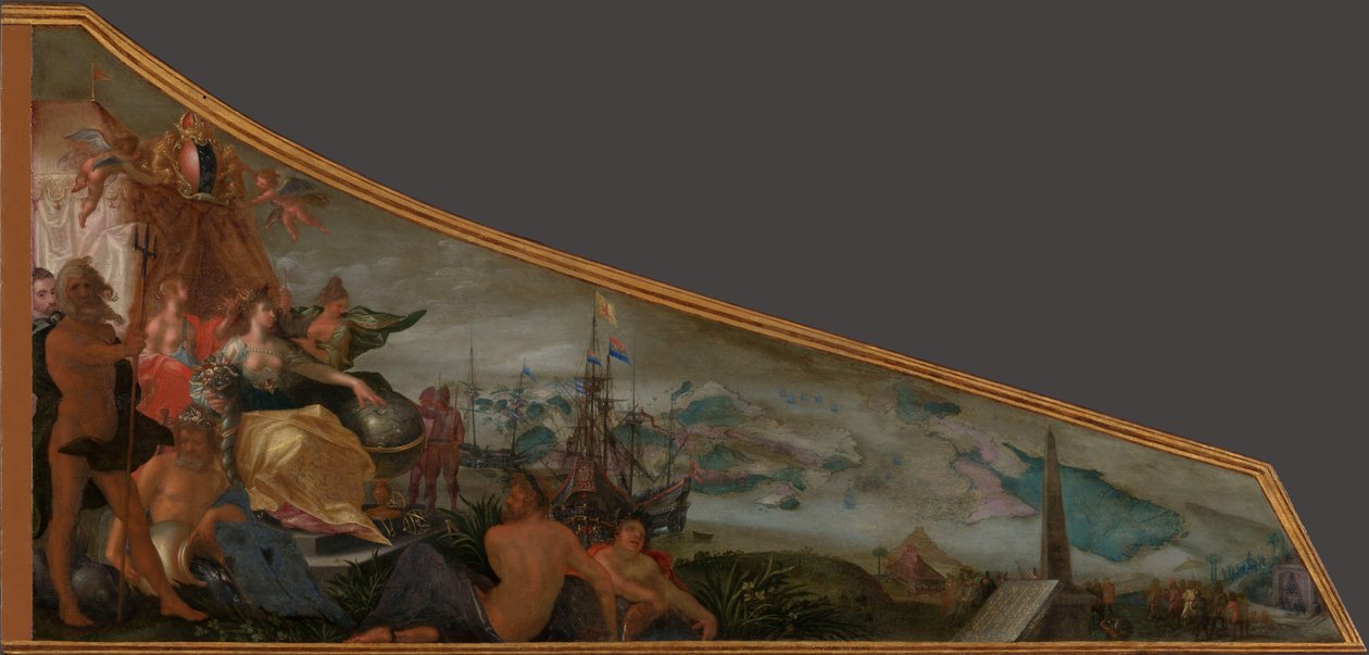 Amsterdam som centrum för världshandeln Målning på ett cembalolock med en Allegori av Amsterdam som centrum för världshandeln av Pieter Isaacsz.