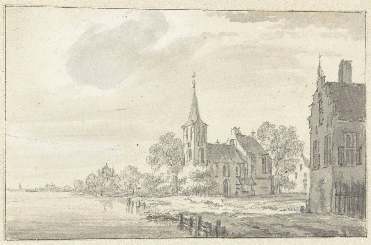 Bykyrka och hus vid en flod av Pieter Jan van Liender