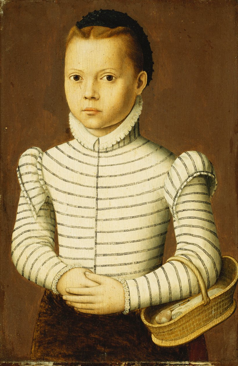 Porträtt av en ung flicka som bär en svartvit kostym som håller en korg, av Pieter Jansz. Pourbus