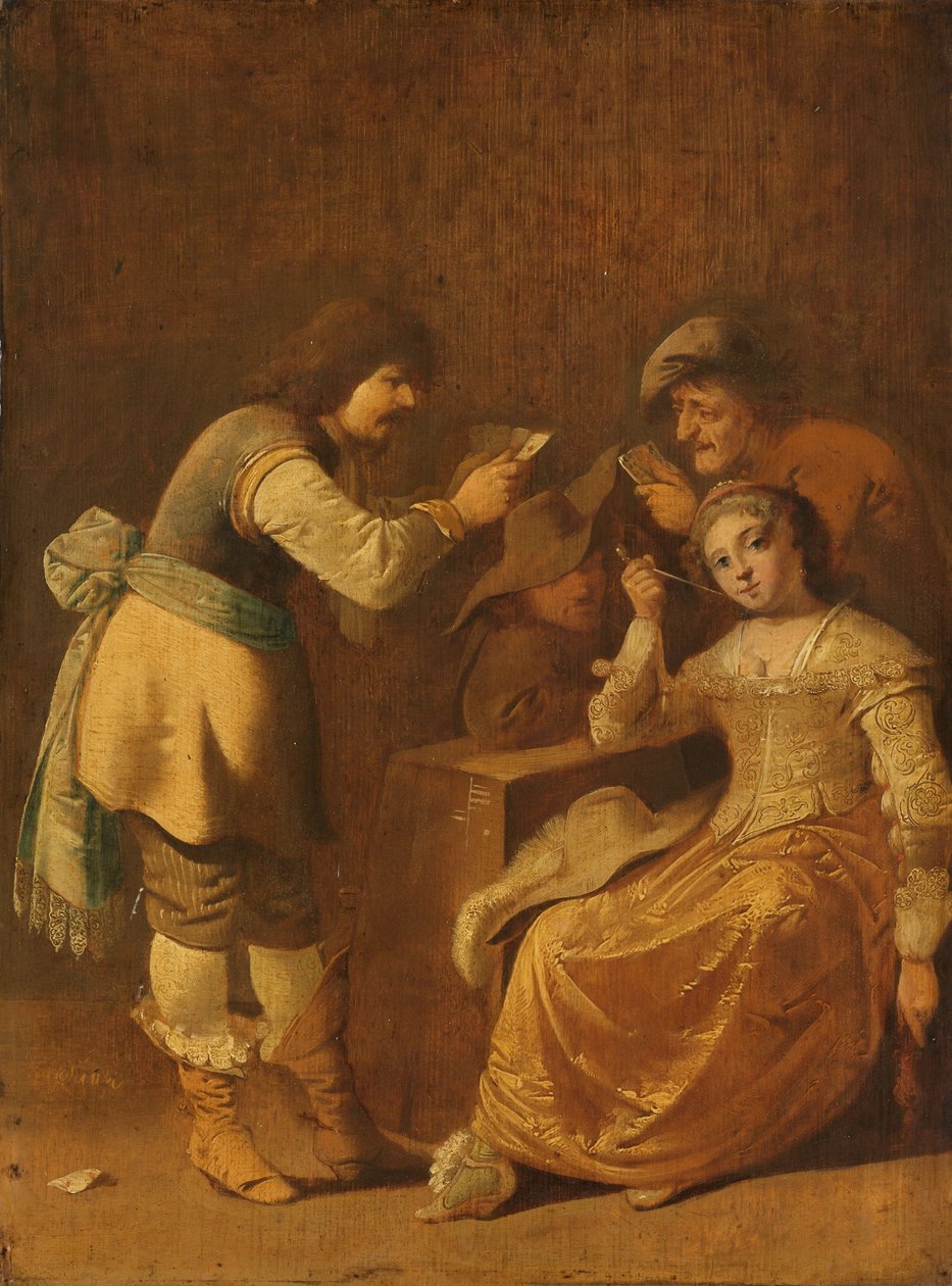 Kortspelare med kvinna som röker pipa av Pieter Jansz. Quast
