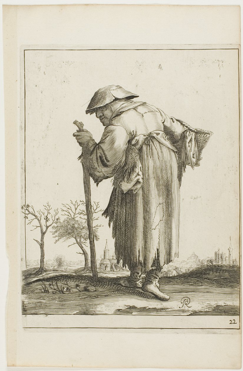 Marscherande tiggarkvinna med en korg, från T is al verwart-gaern (Det är redan förvirrande) av Pieter Jansz. Quast