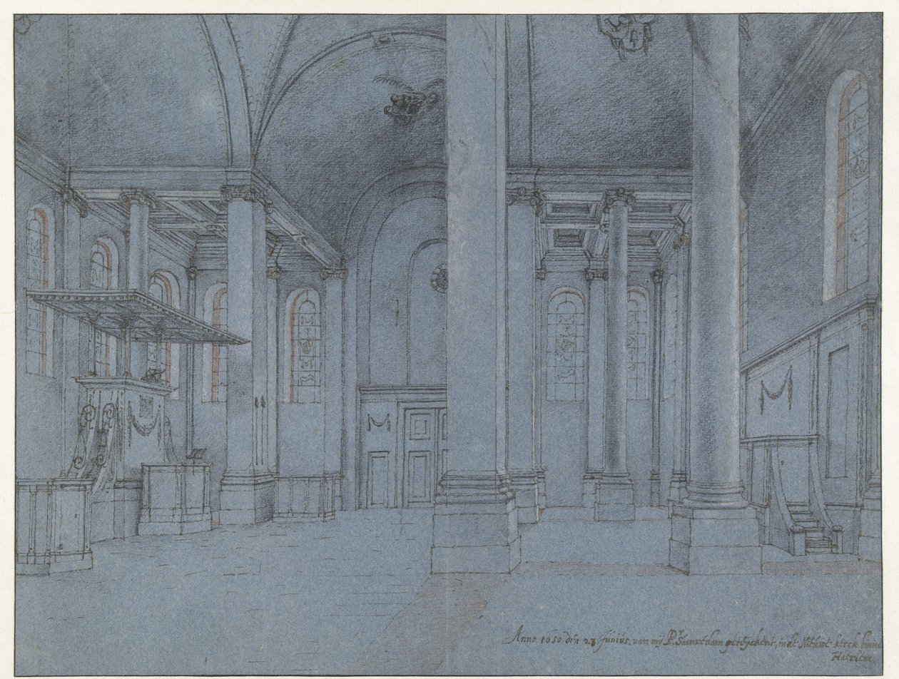 Utsikt över det inre av Nieuwe Kerk, Haarlem, sett från den östra änden av norra gången och tittar västerut av Pieter Jansz Saenredam