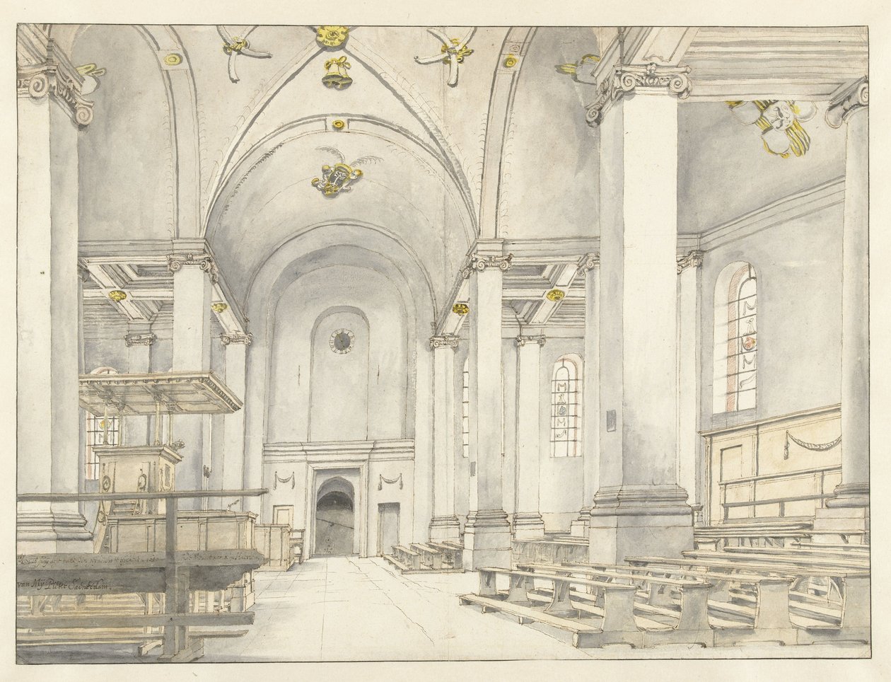 Utsikt över vapenhuset i Nieuwe Kerk, Haarlem, med blickar västerut av Pieter Jansz Saenredam
