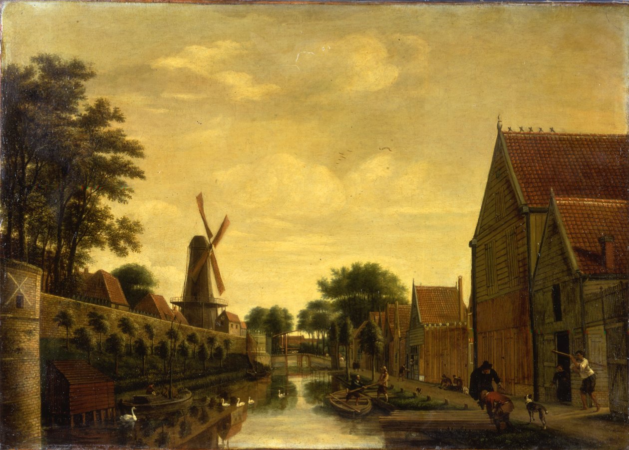 En kanal vid en stadsmur med arbetare som lossar timmer, c.1650 av Pieter Jansz. van Asch