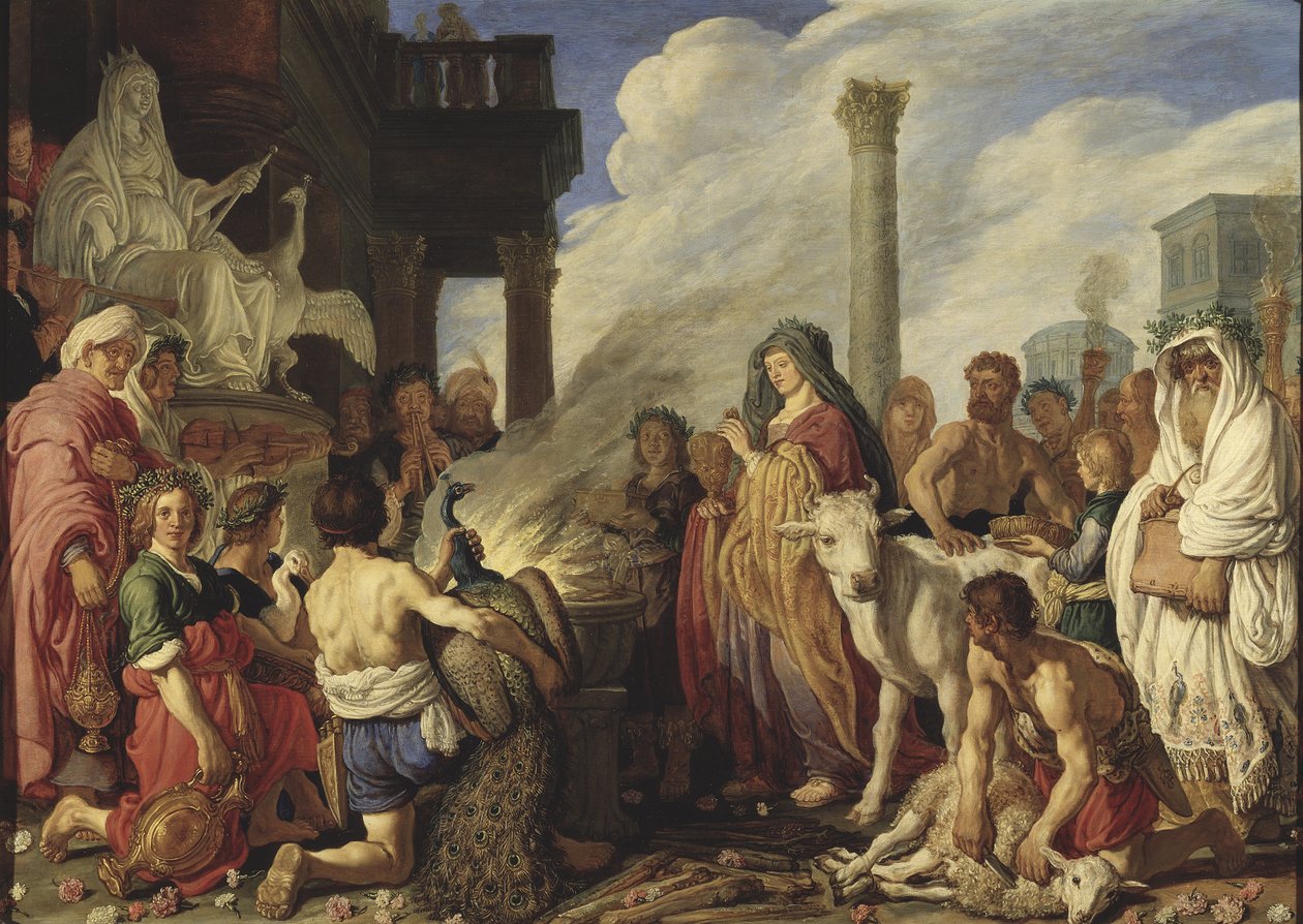 Didon (Elyssa, Elissa, Elisha, Elysha eller Helissa) fait un sacrifice a Junon - Didos offer till Juno, av Lastman, Pieter Pietersz. (1583-1633). Olja på trä av Pieter Lastman
