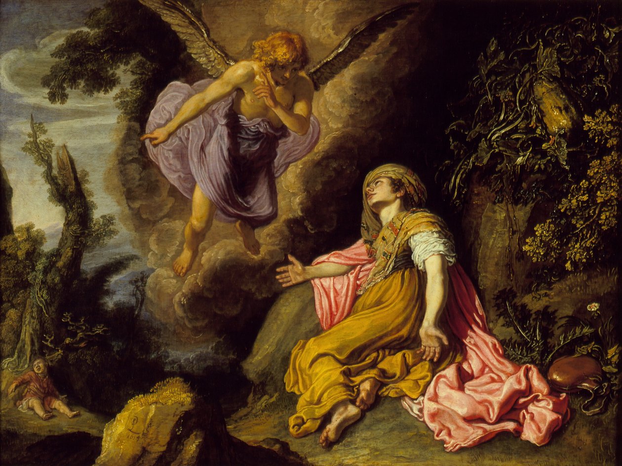 Hagar och ängeln, 1614 (olja på trä) av Pieter Lastman