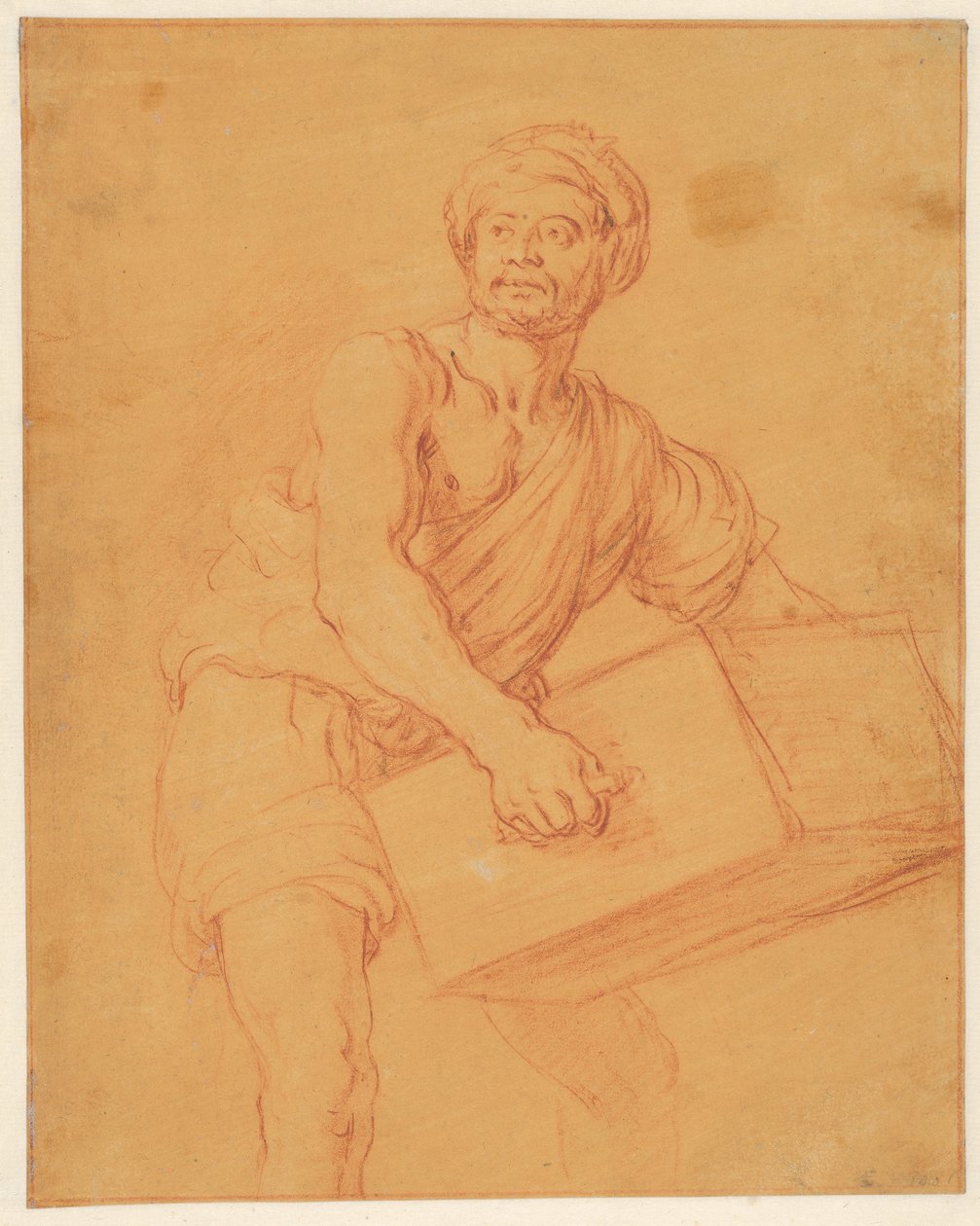 Studie eines bärtigen und turbantragenden Mannes, der eine Truhe trägt av Pieter Lastman