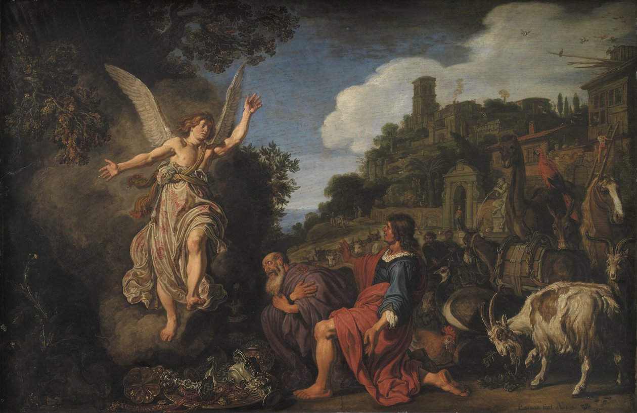 Ängeln Rafael tar avsked med Gamle Tobit och hans Son Tobias av Pieter Lastman
