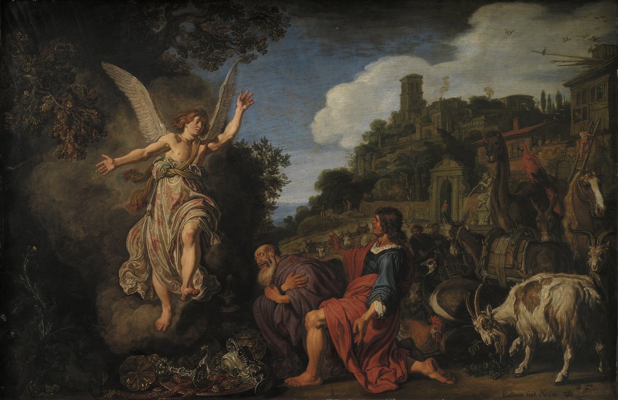 Ängeln Rafael tar avsked med Gamle Tobit och hans Son Tobias av Pieter Lastman