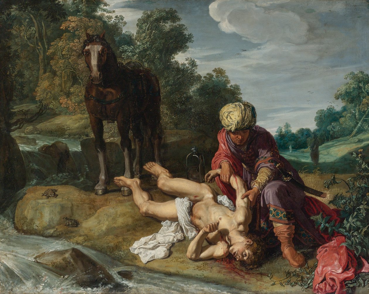 Den barmhärtige samariten sköter om resenärens sår (Luk 10:25-37) av Pieter Lastman