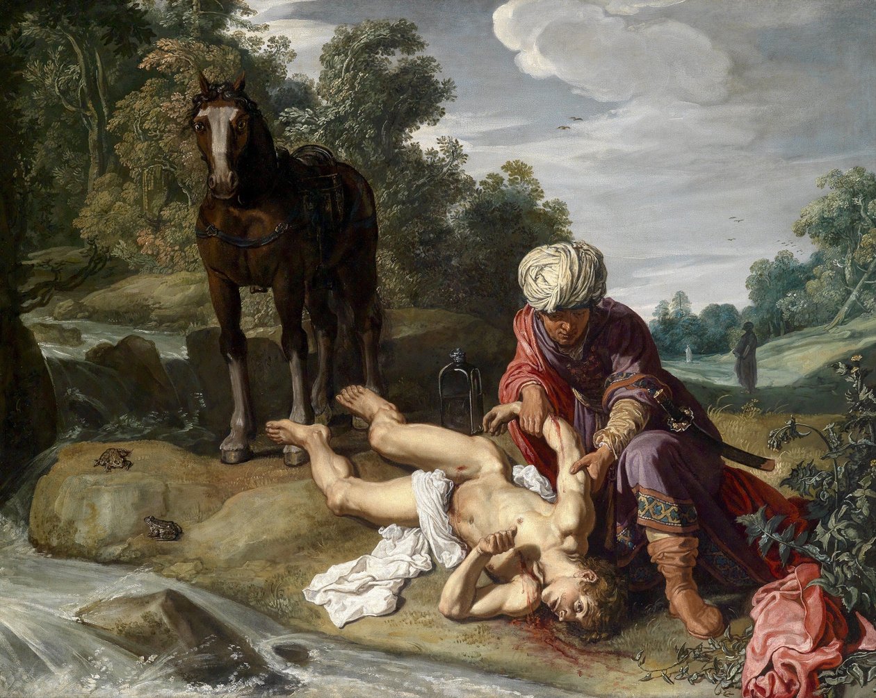 Den barmhärtige samariten sköter om resenärens sår (Luk 10:25-37) av Pieter Lastman