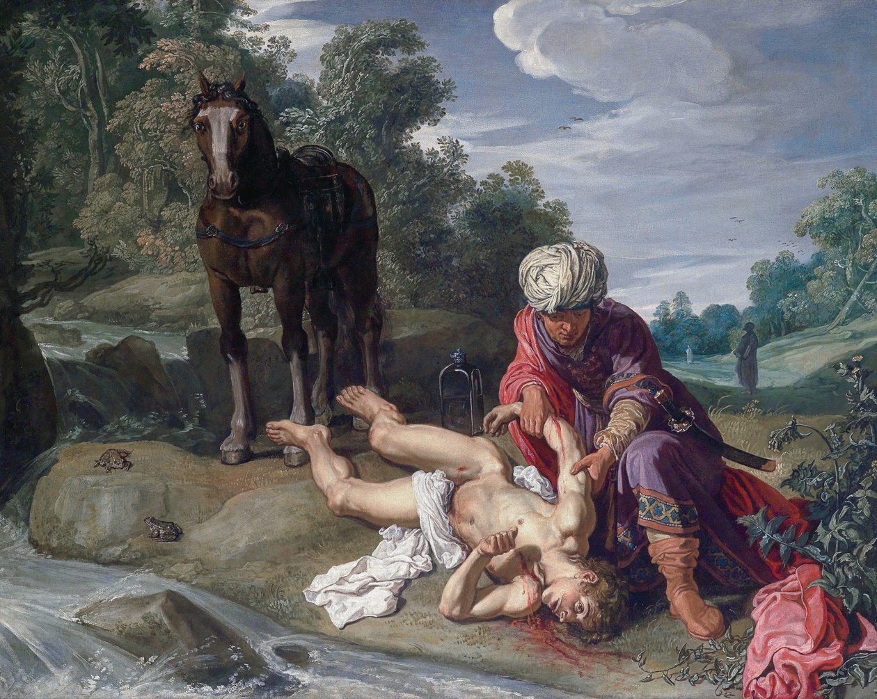 Den barmhärtige samariten sköter om resenärens sår (Luk 10:25-37) av Pieter Lastman