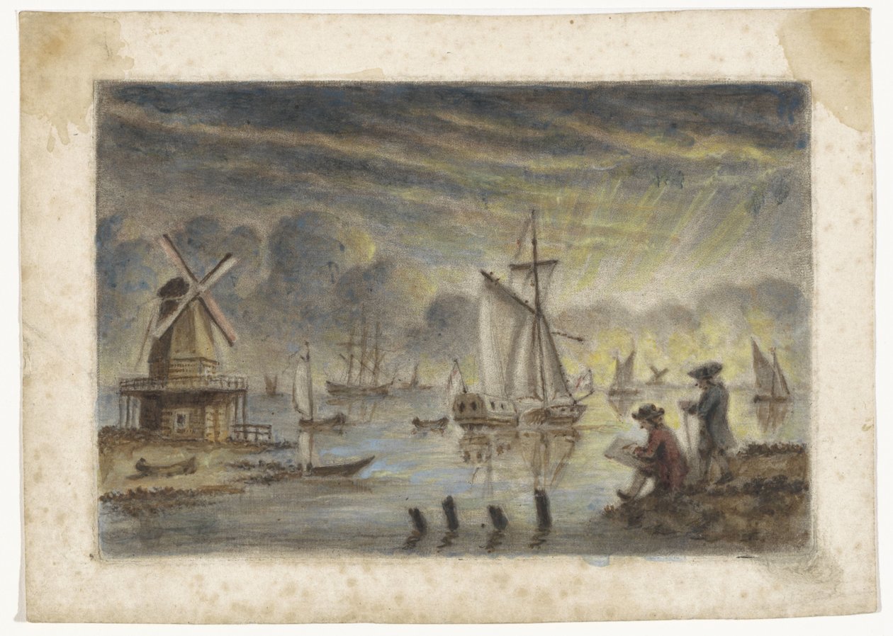 Kustutsikt med fartyg, kvarn och en tecknare av Pieter Louw (attributed to)