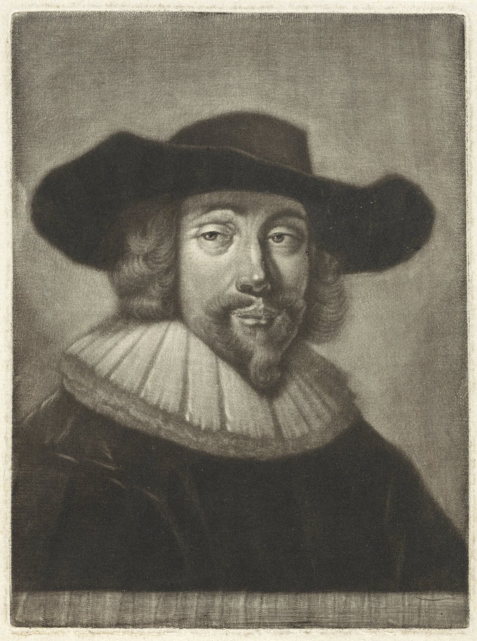 Porträtt av en man med hatt och krage av Pieter Louw