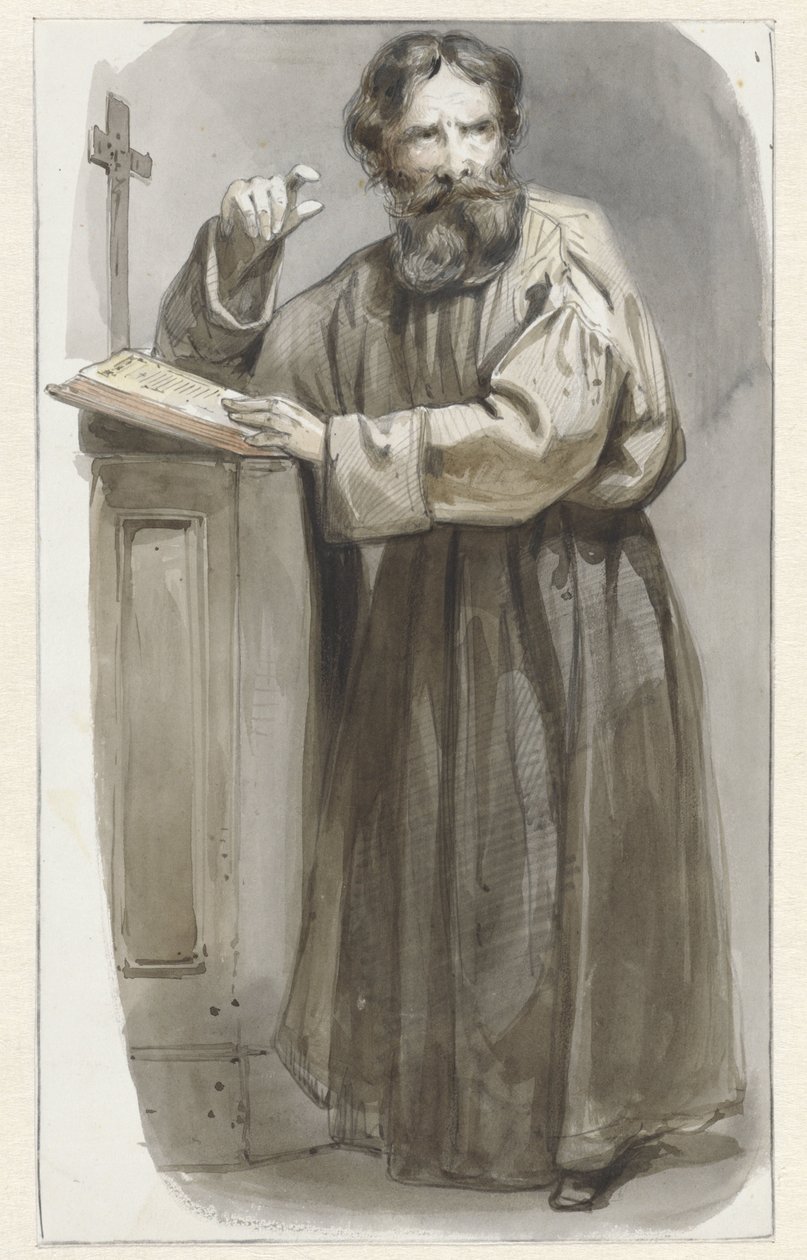 Stående präst vid talarstolen med krucifix och bibel av Pieter Marinus van de Laar (attributed to)