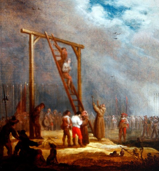 En avrättning vid en galge (olja på panel) av Pieter Meulener