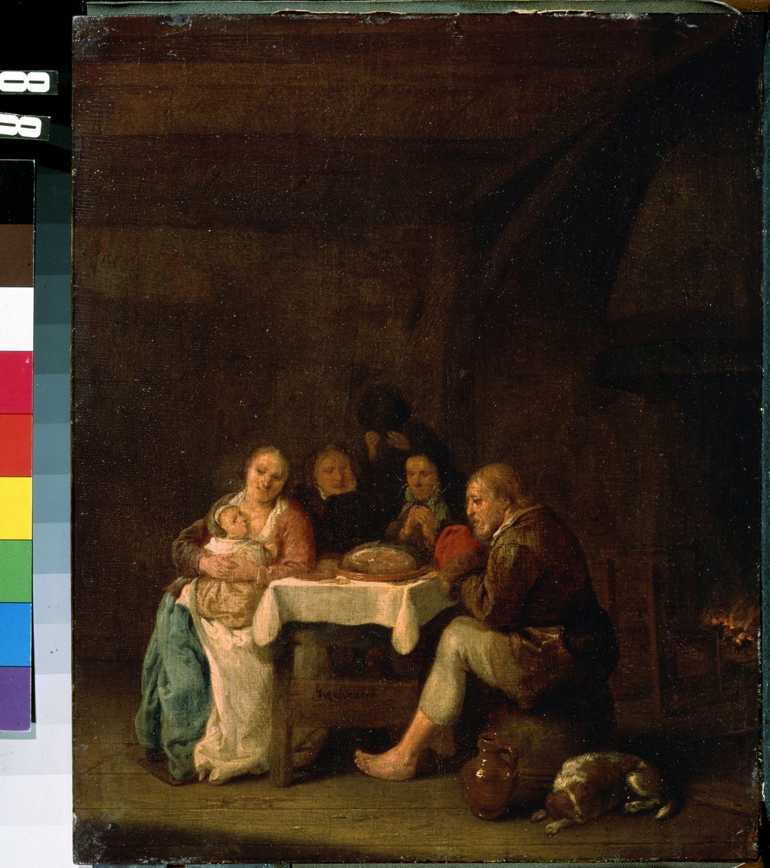 ""The Prayer Before Dinner"" (The Prayer Before Dinner) Nådens ögonblick under måltiden hos en holländsk familj av blygsamma medel. Målning av Peeter Meulenaer (1602-1654) Mikhail Kroshitsky Art Museum från 1600-talet, Sevastopol (Sevastopol) Ukr av Pieter Molenaer