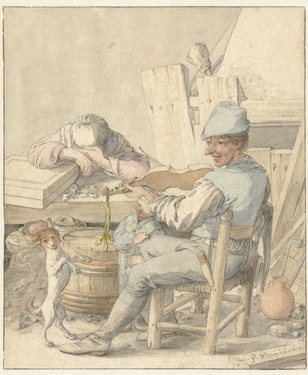 Interiör med en man som spelar fiol, en sovande kvinna och en dansande hund av Pieter Moninckx