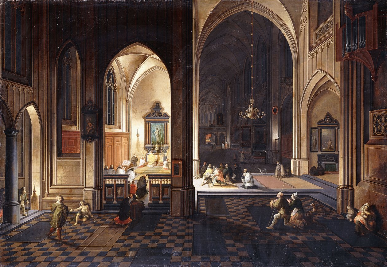 En kyrka på natten med en präst som firar mässa i ett sidokapell, av Pieter Neeffs