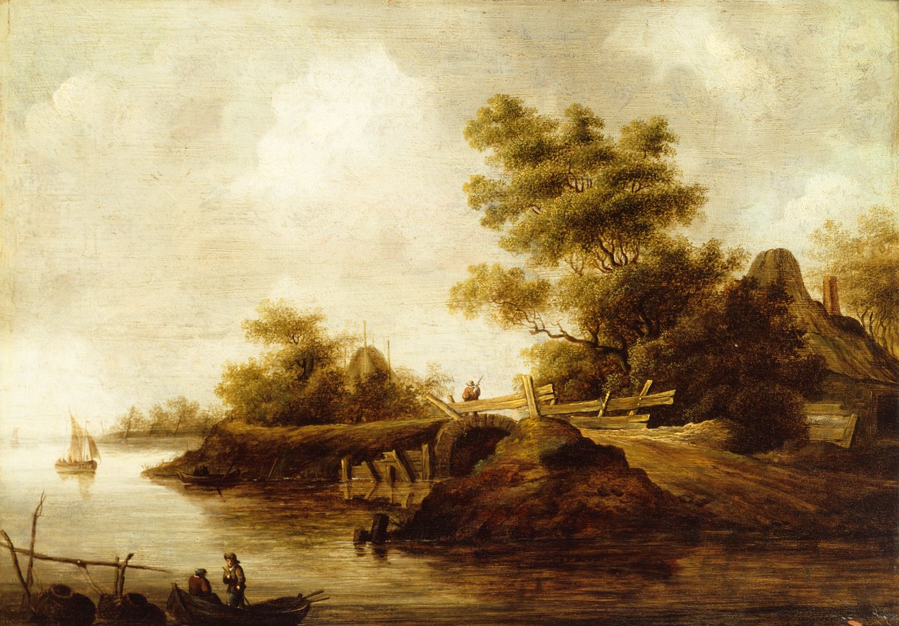 Ett flodlandskap med figurer i en båt och en resenär på en bro (olja på pannå) av Pieter Nolpe
