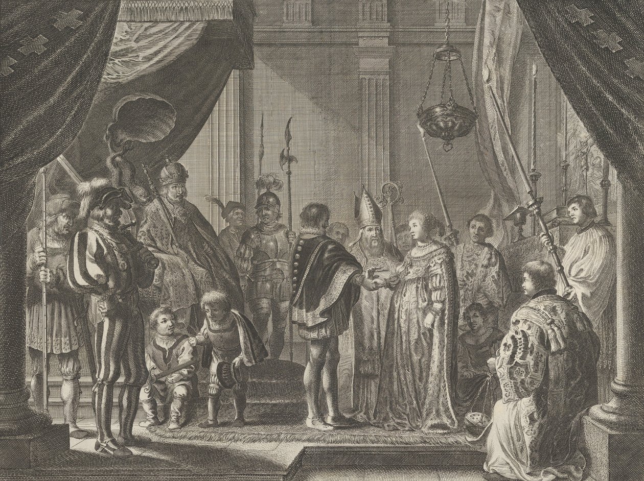 Platta 7: Äktenskapet mellan Francisco I de Medici och Johanna av Österrike, från Caspar Barlaeu..., 1638. av Pieter Nolpe