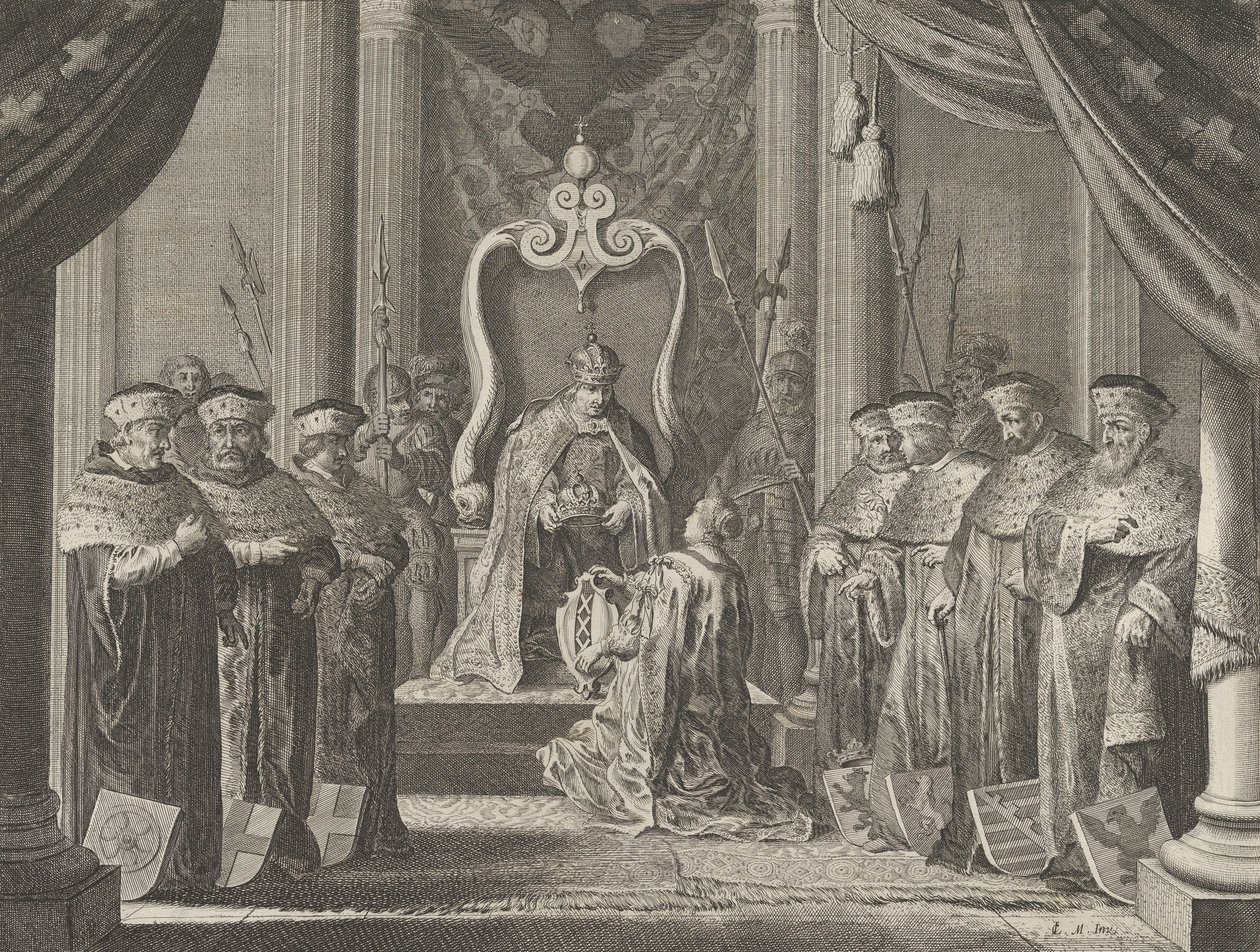Plåt 8: Kejsar Maximilian II beviljar en krona till Amsterdams vapen, från Cas..., 1638. av Pieter Nolpe