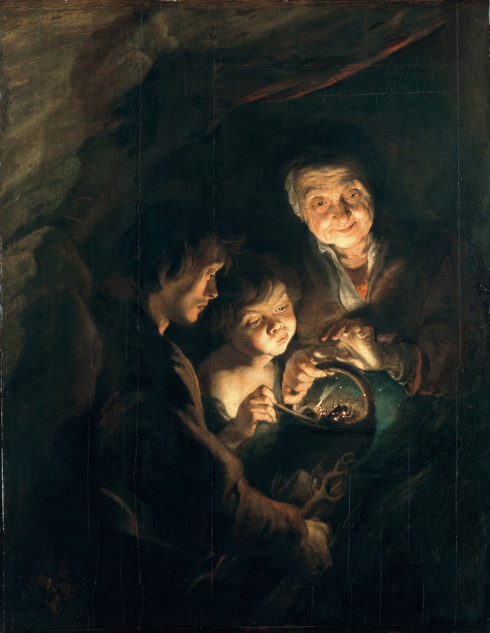 Gammal kvinna med en kolkorg, ca. 1616-1618 av Peter Paul Rubens
