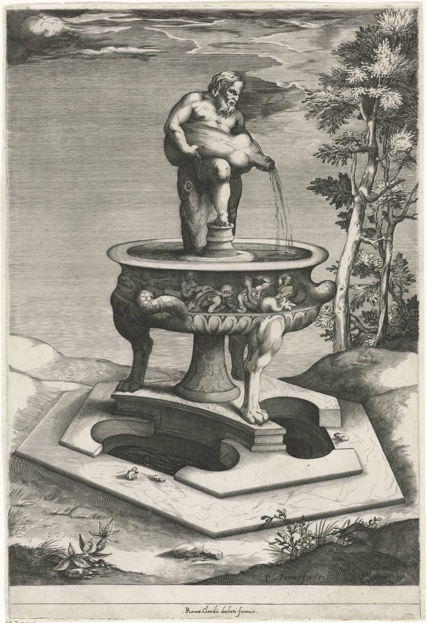Fontän med Silenus i trädgårdarna i Palazzo Cesi i Vatikanen av Pieter Perret