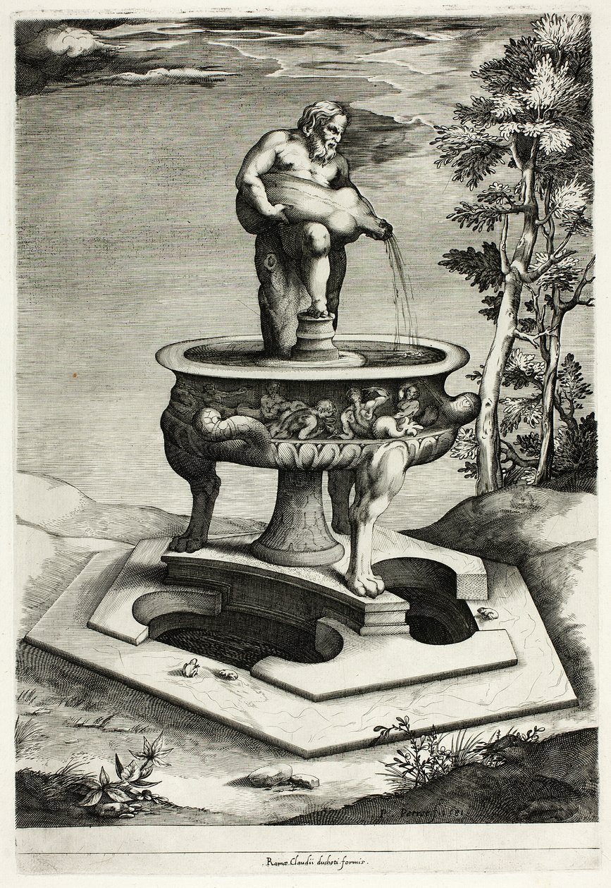 Fontän med Silenus i trädgården på Cesi-palatset nära Rom av Pieter Perret