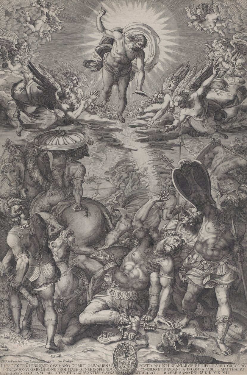 Omvändelsen av Saulus, som ligger på marken omgiven av hästar och soldater som Kristus..., 1583 av Pieter Perret