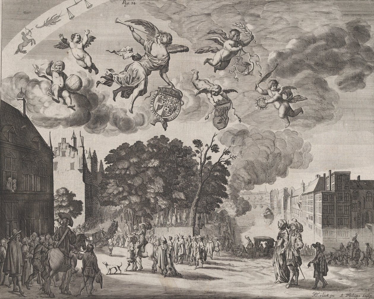 Karl II kommer in i Haag i en vagn med Mauritshuis till höger, från 
